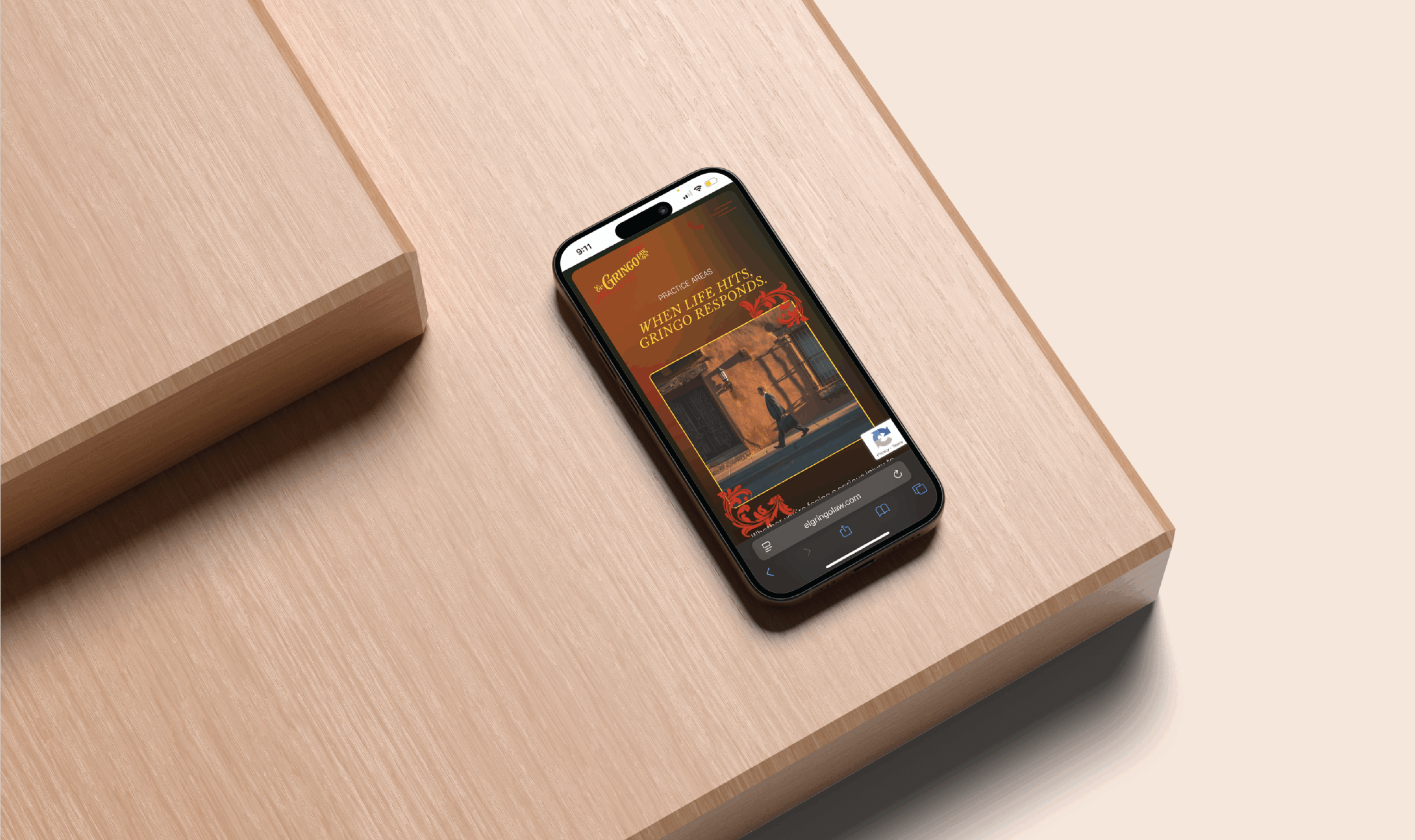 A smartphone displaying a vintage art poster for El Gringo Law rests on a light wooden surface. The image conveys a sense of nostalgia and artistic elegance.