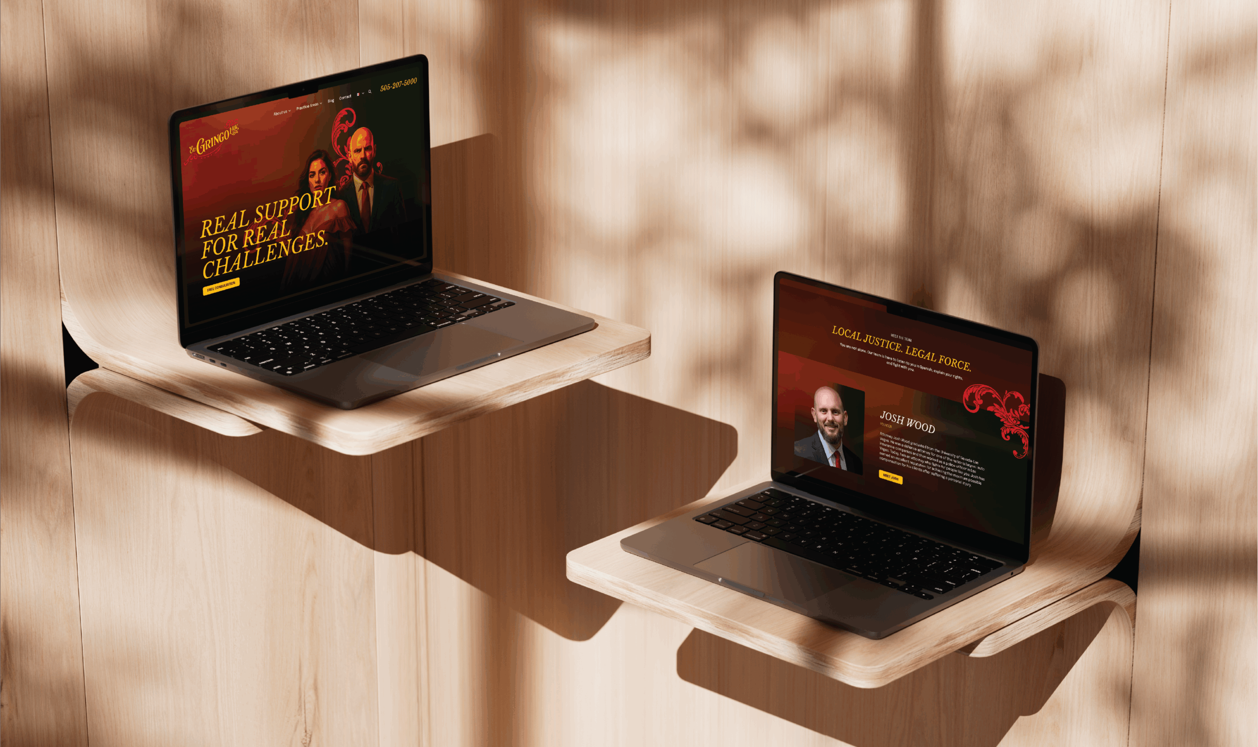 Two laptops on wooden shelves display El Gringo Law's website under warm, dappled sunlight. The scene conveys professionalism and approachability.