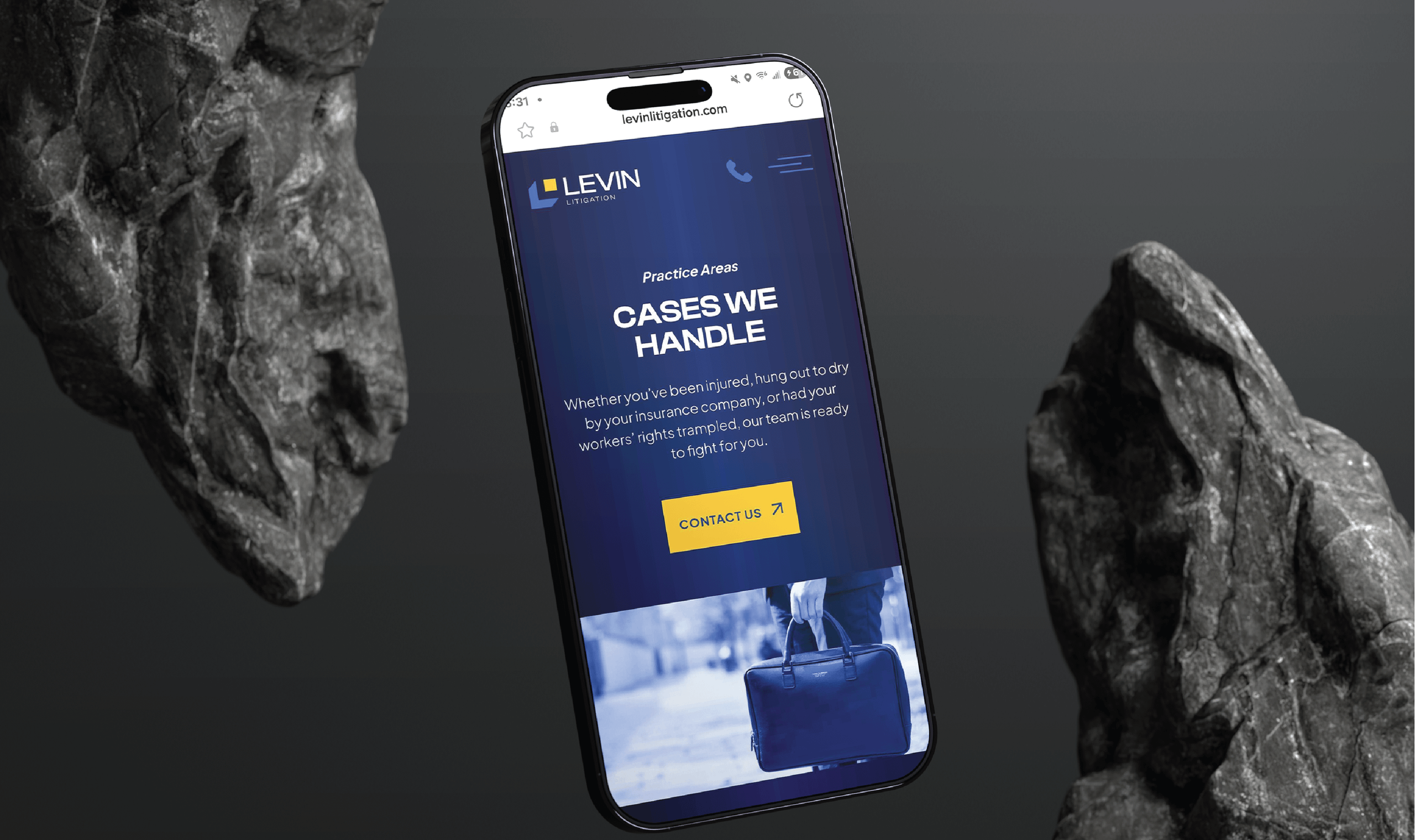 A laptop displaying a website with a blue and gray theme on a vibrant orange background. Text sections describe a company's mission and unique approach.