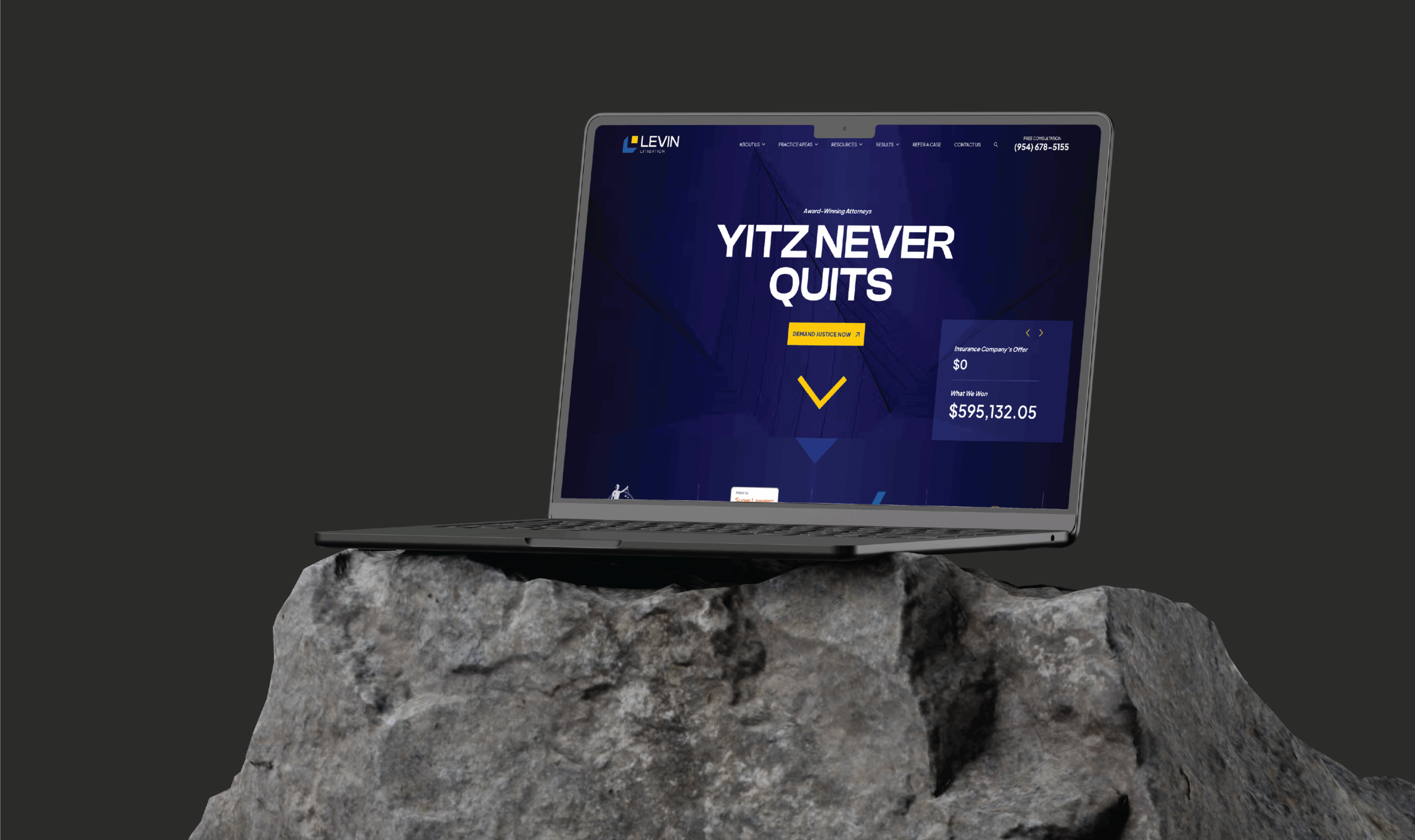 A laptop displaying a Levin Litigation's website with bold text 