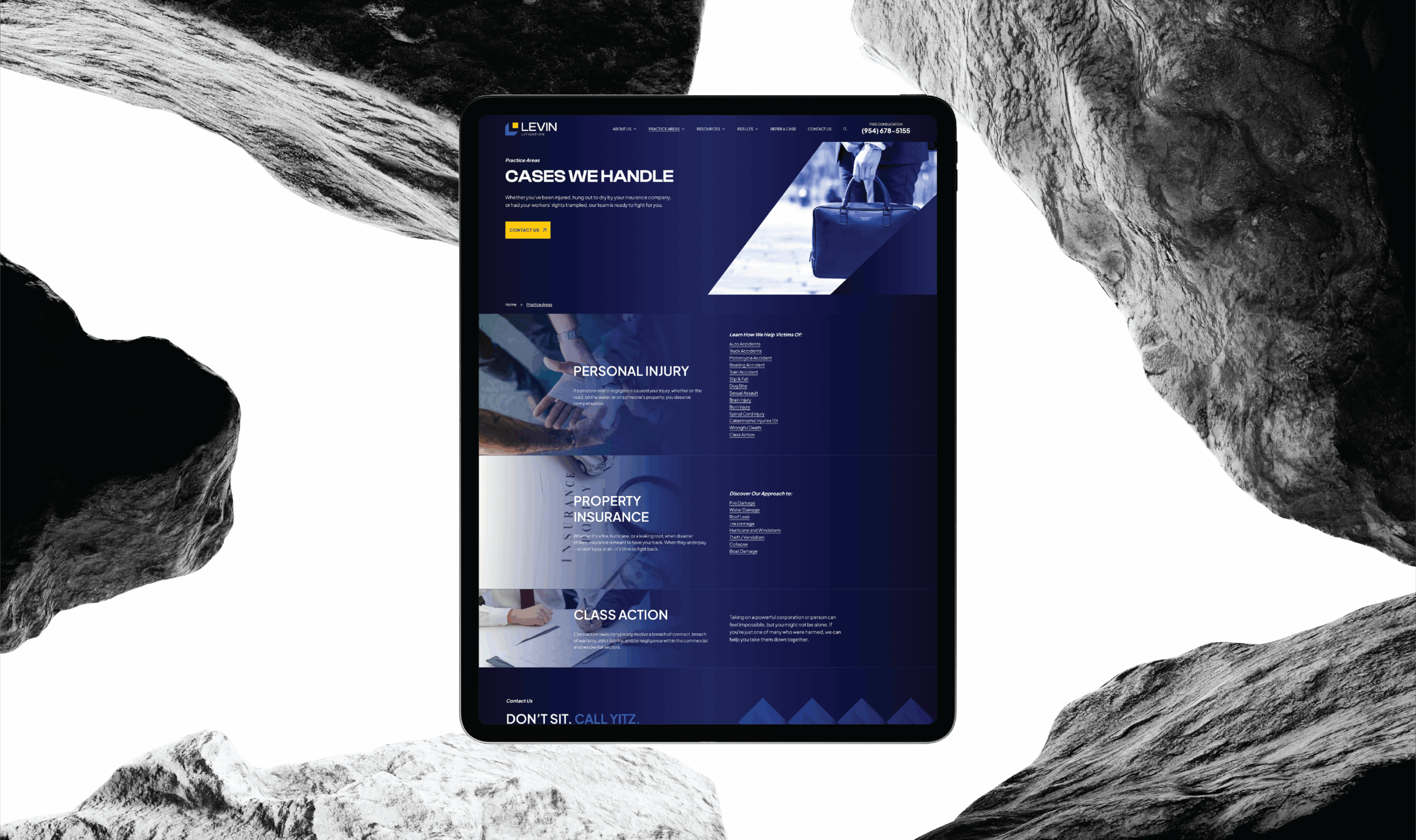 A tablet displays Levin Litigation's website, featuring the practice areas page. It says 