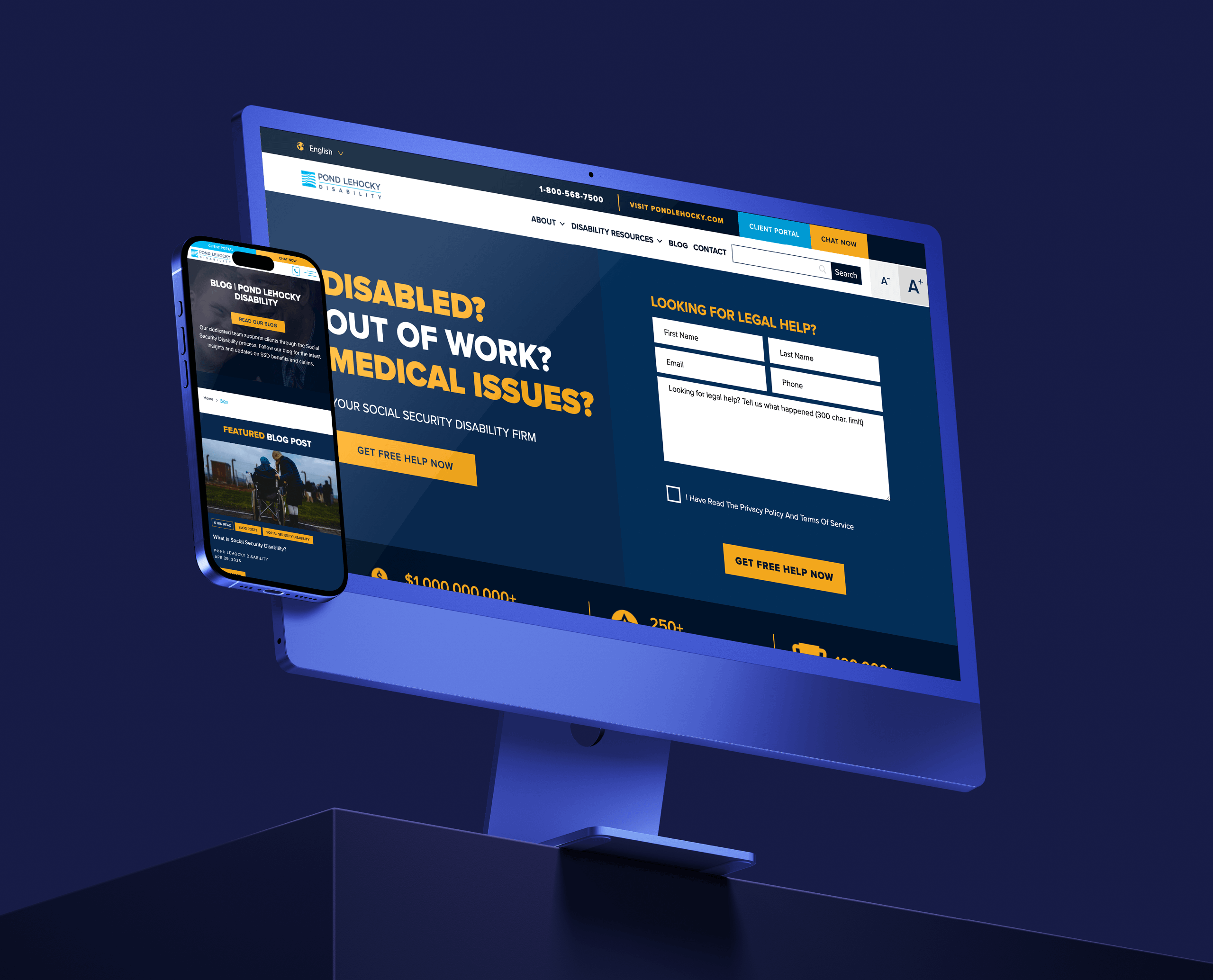 A monitor and smartphone display a disability advocacy website. The monitor shows a contact form and bold text asking about work and medical issues. The phone shows a blog post. The theme is helpful and professional.