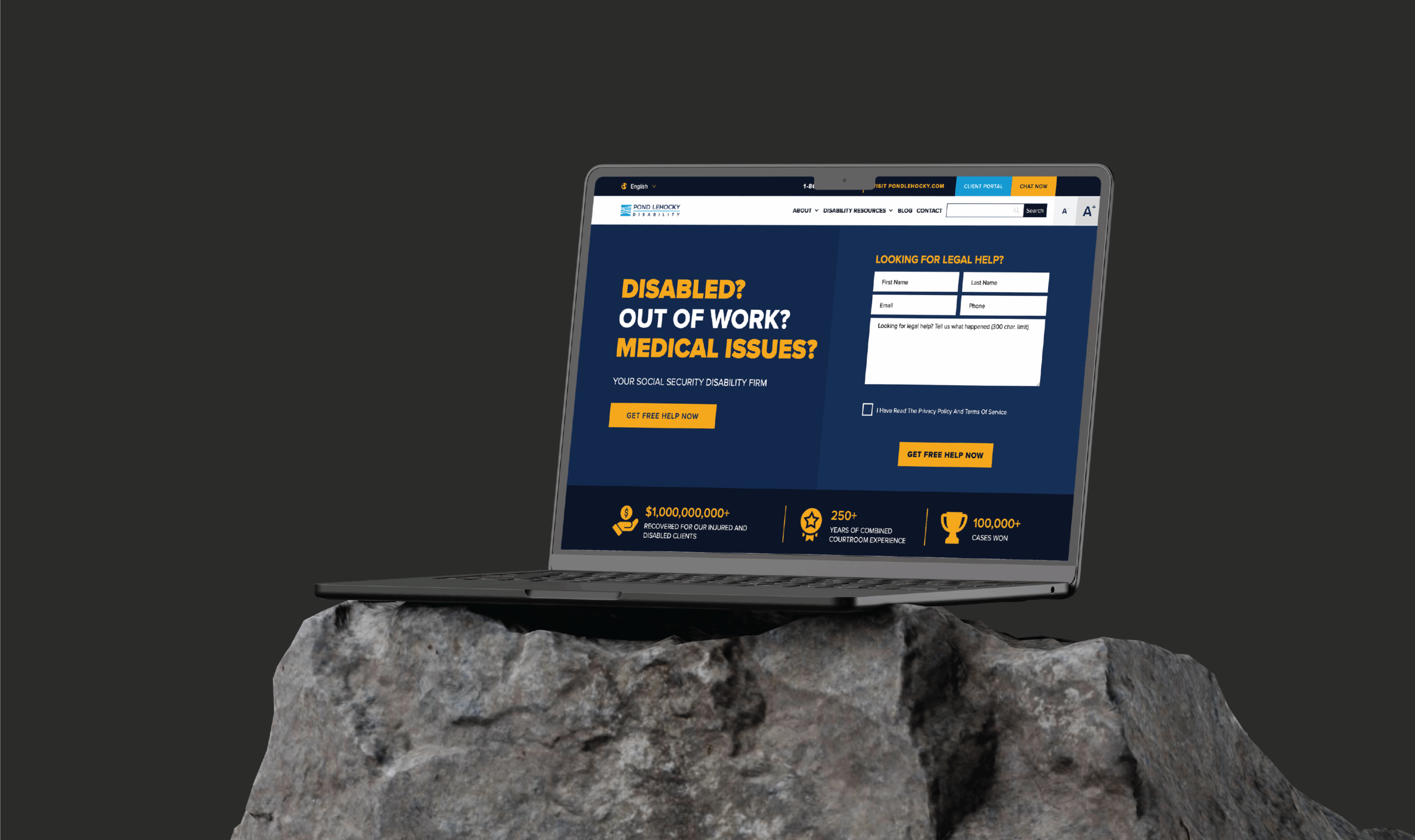 Laptop displaying a legal assistance website with bold text asking about disability, job loss, and medical issues. It rests on a large rock, conveying stability.