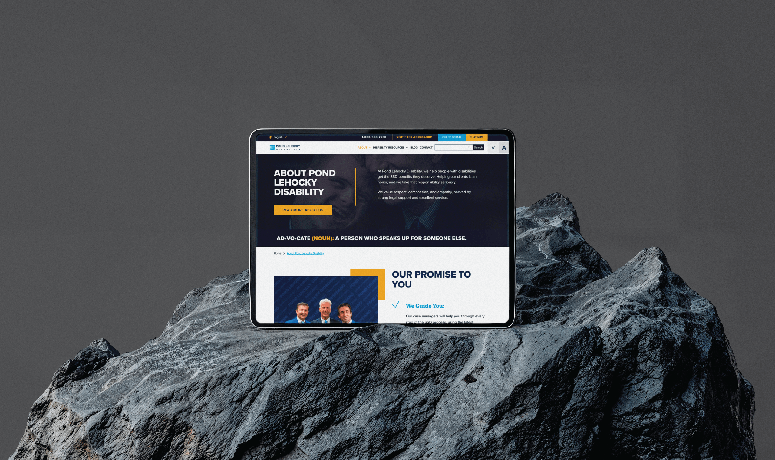 A tablet displaying the Pond Lehocky Disability website rests on a textured rock surface. The page features bold text and images of three smiling partners.
