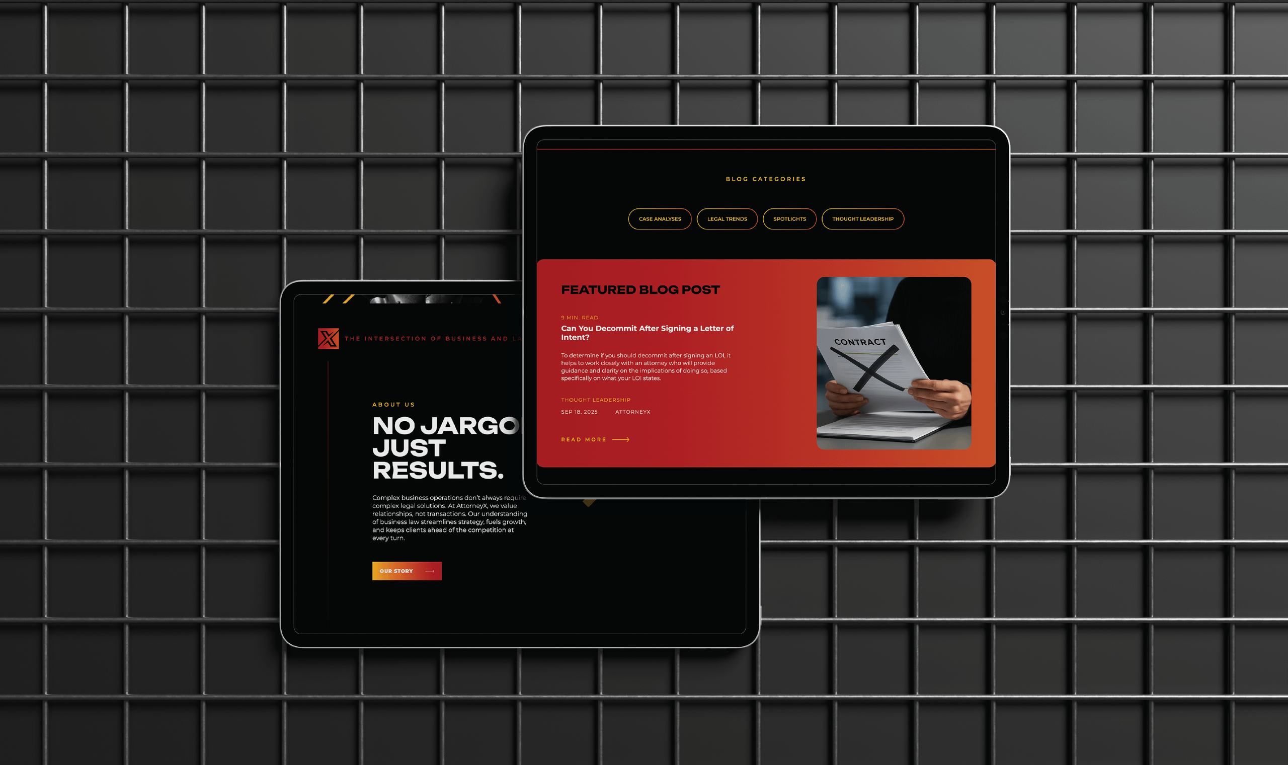Two tablets display a website with black and red accents against a dark grid background. One screen shows a bold text reading "No Jargon Just Results." The other highlights a featured blog post with an image of hands holding a contract. The tone is professional and modern.