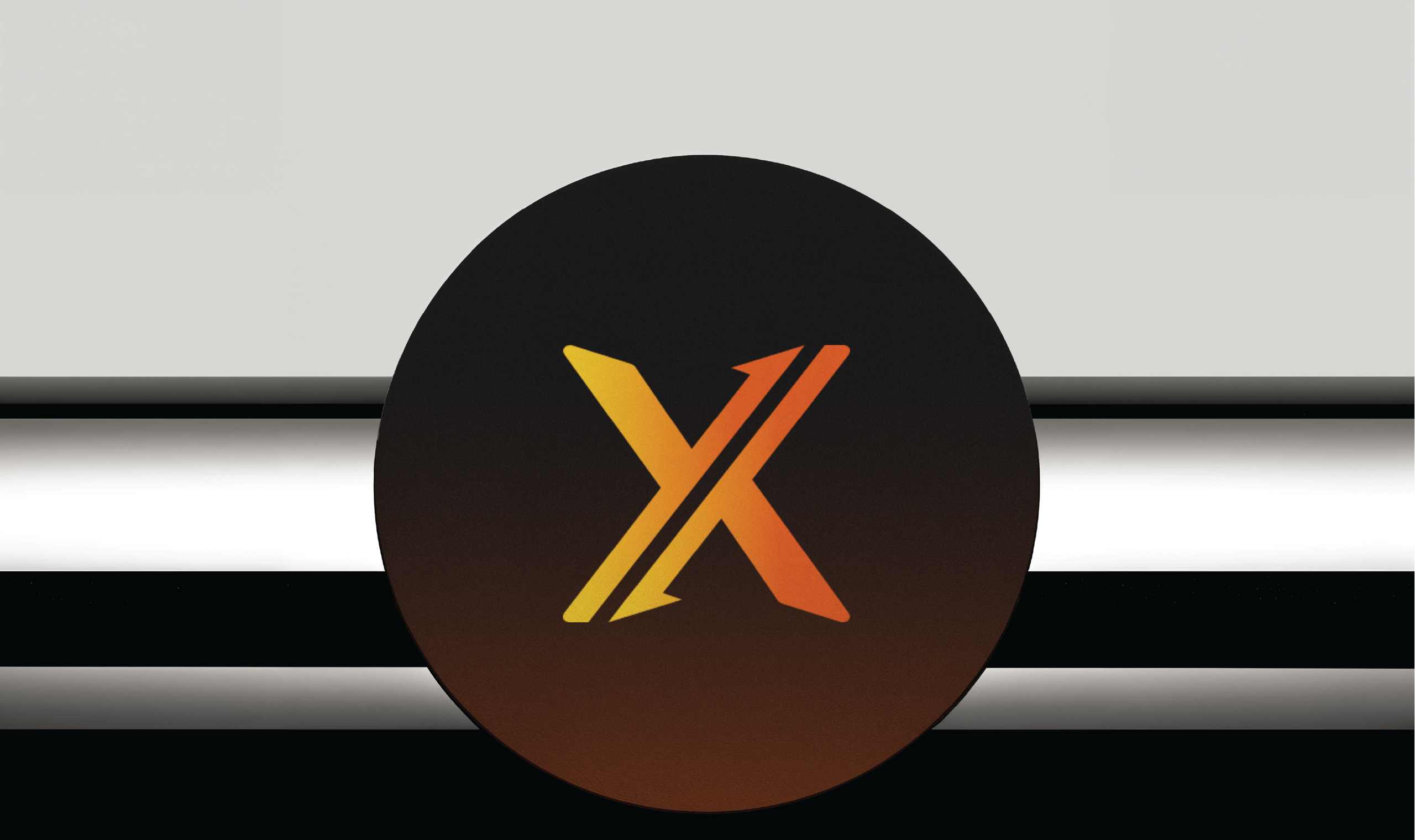 Round Case Xchange logo card featuring a stylized orange and yellow “X” with upward-pointing arrows on a dark gradient background, positioned on a reflective black-and-white curved surface against a light gray backdrop.