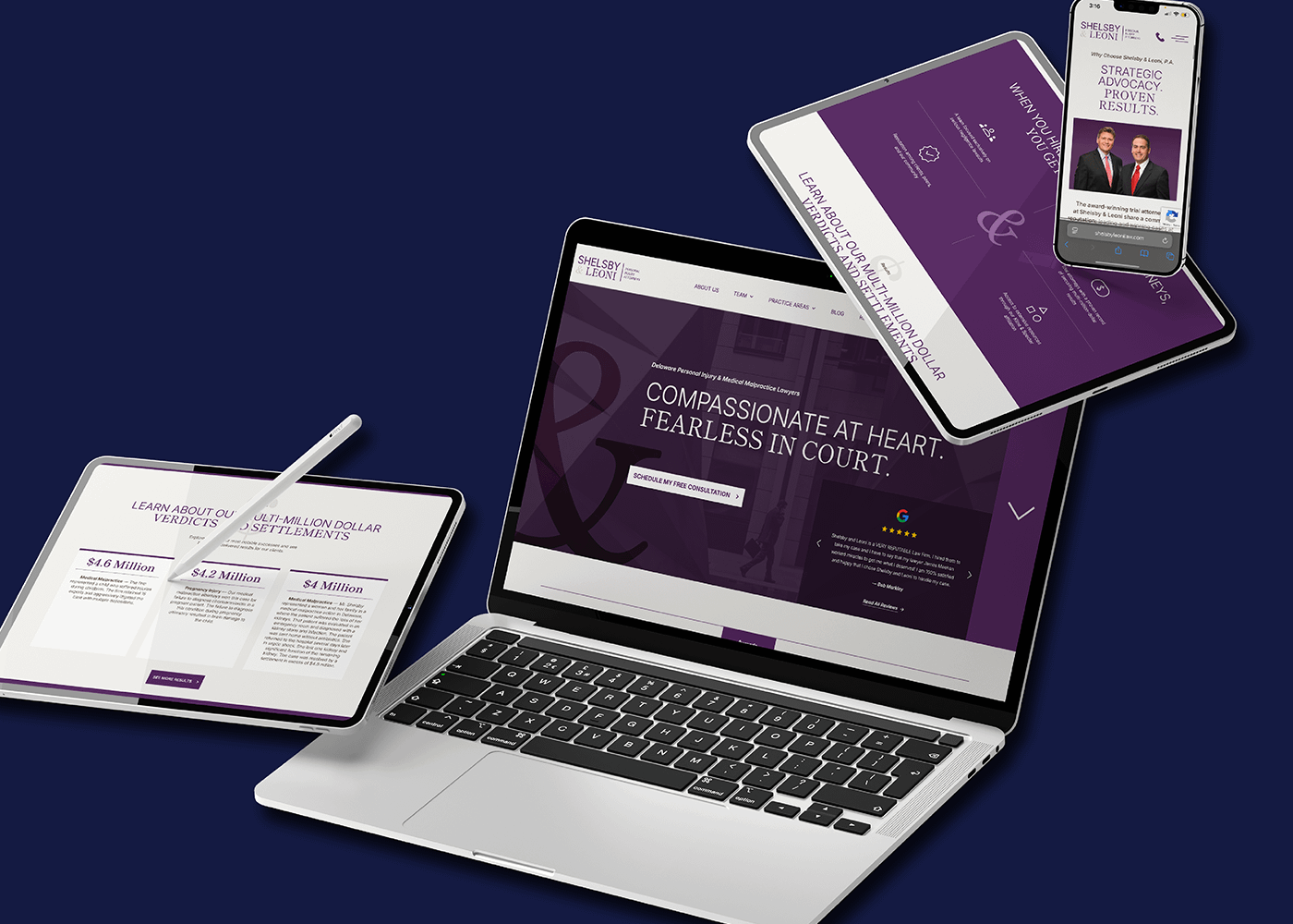 Devices display Shelsby & Leoni's updated website with a purple theme. A laptop shows the phrase "Compassionate at heart, fearless in court." Nearby are a tablet, smartphone, and stylus.