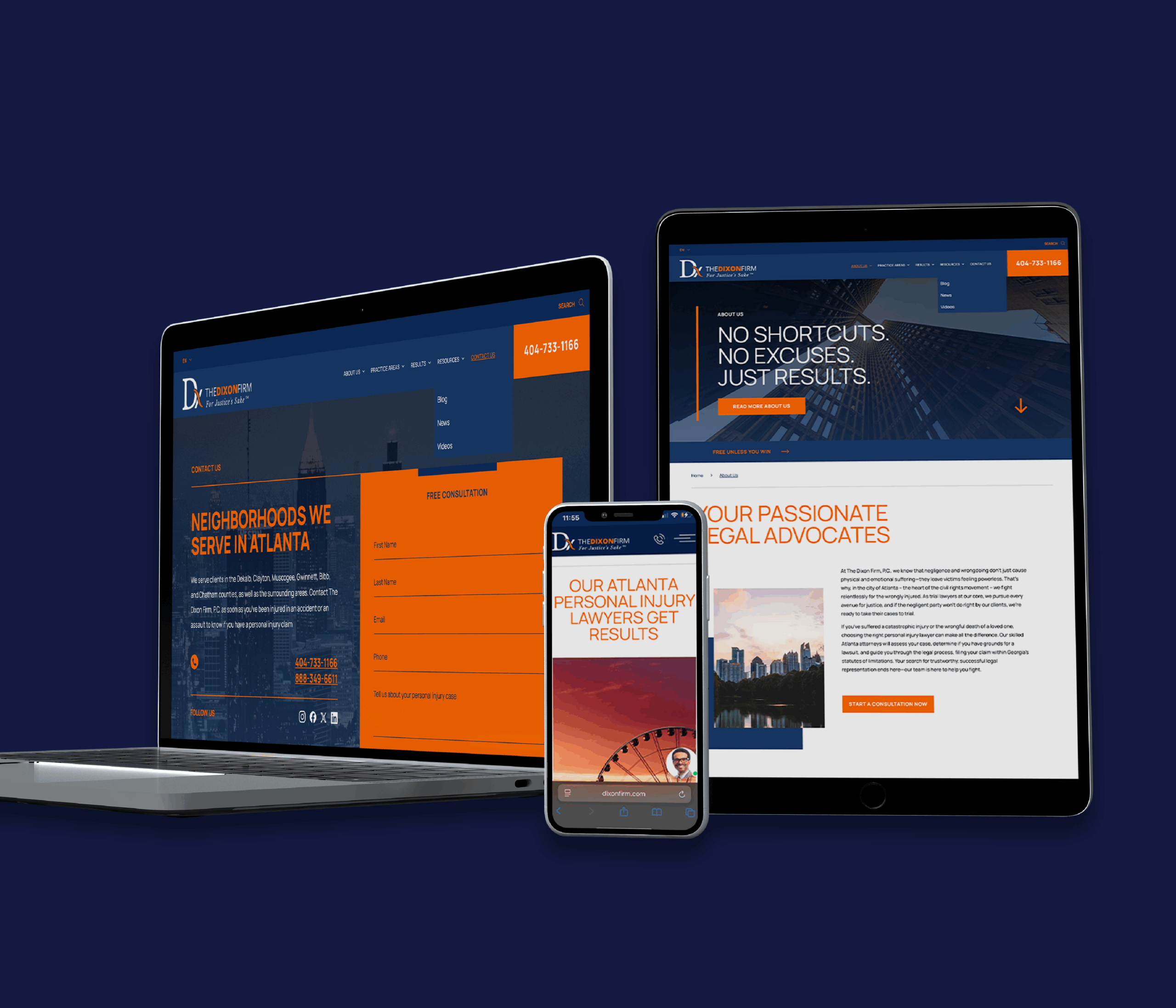 Digital devices display The Dixon Firm's website in blue and orange. Laptop, tablet, and phone screens show text: "No shortcuts. Just results." The tone is professional.