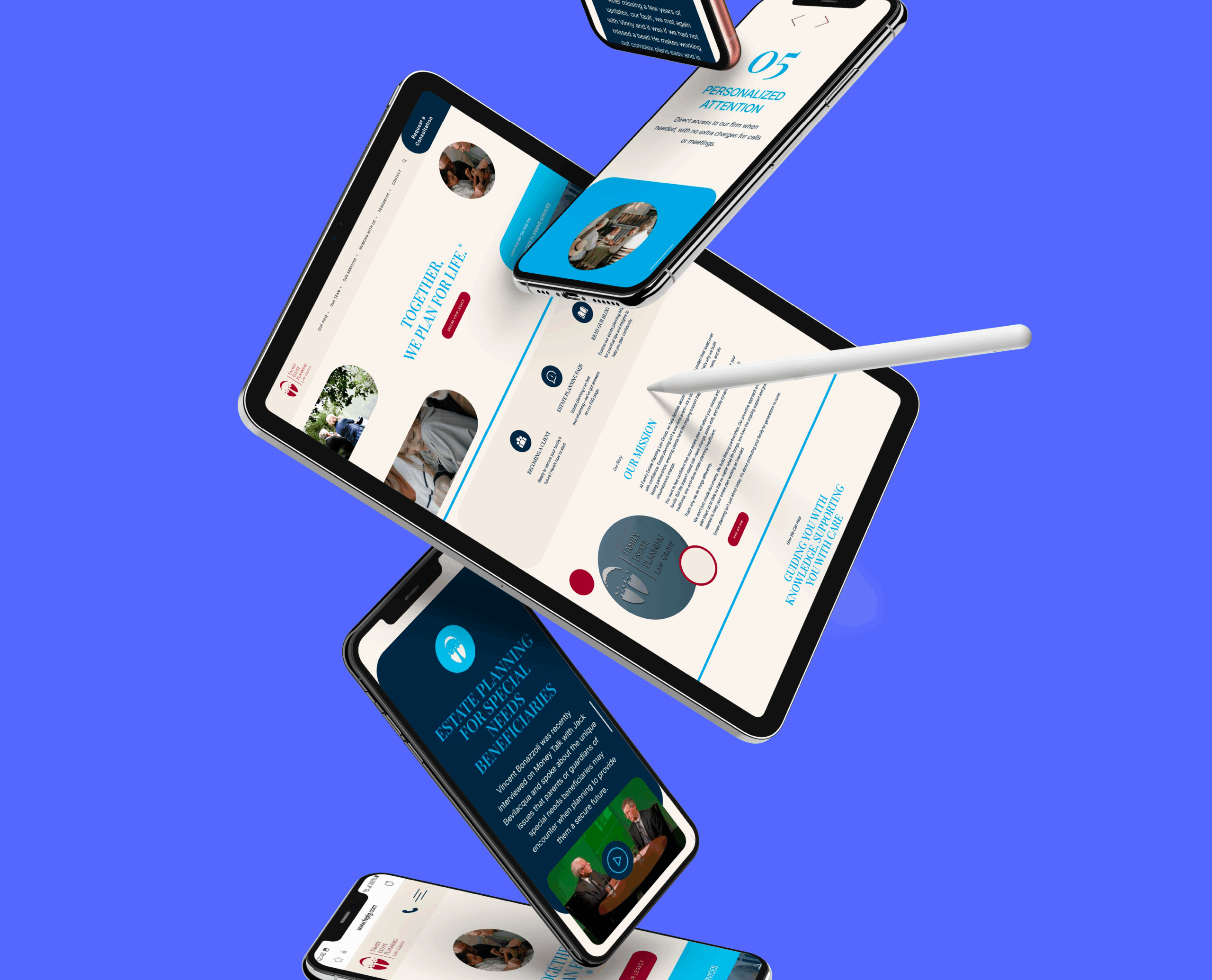 A collection of floating digital devices on a blue background displays FEPLG's website designs. A stylus points to a tablet, conveying a sense of dynamic technology.