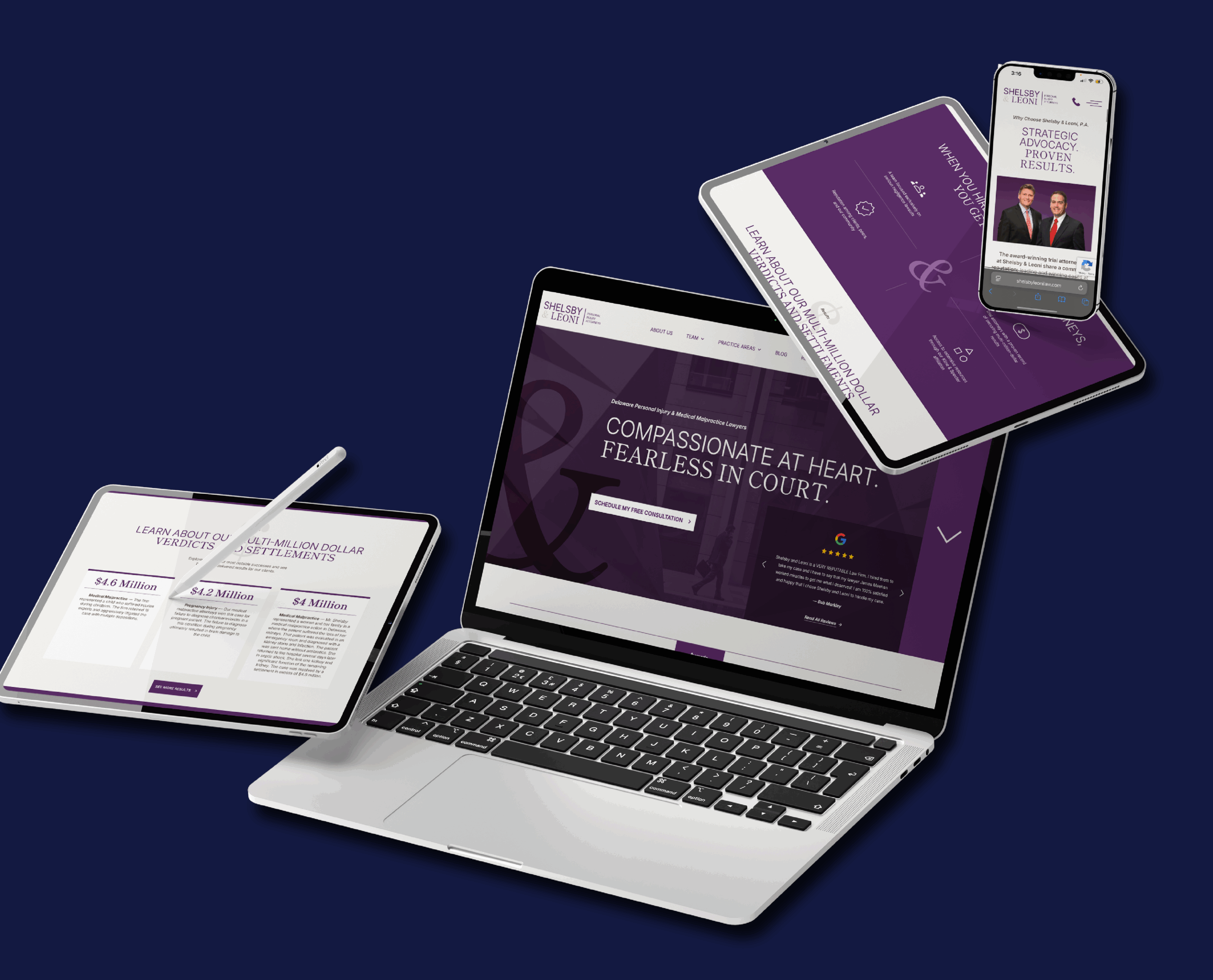 Devices display Shelsby & Leoni's updated website with a purple theme. A laptop shows the phrase "Compassionate at heart, fearless in court." Nearby are a tablet, smartphone, and stylus.