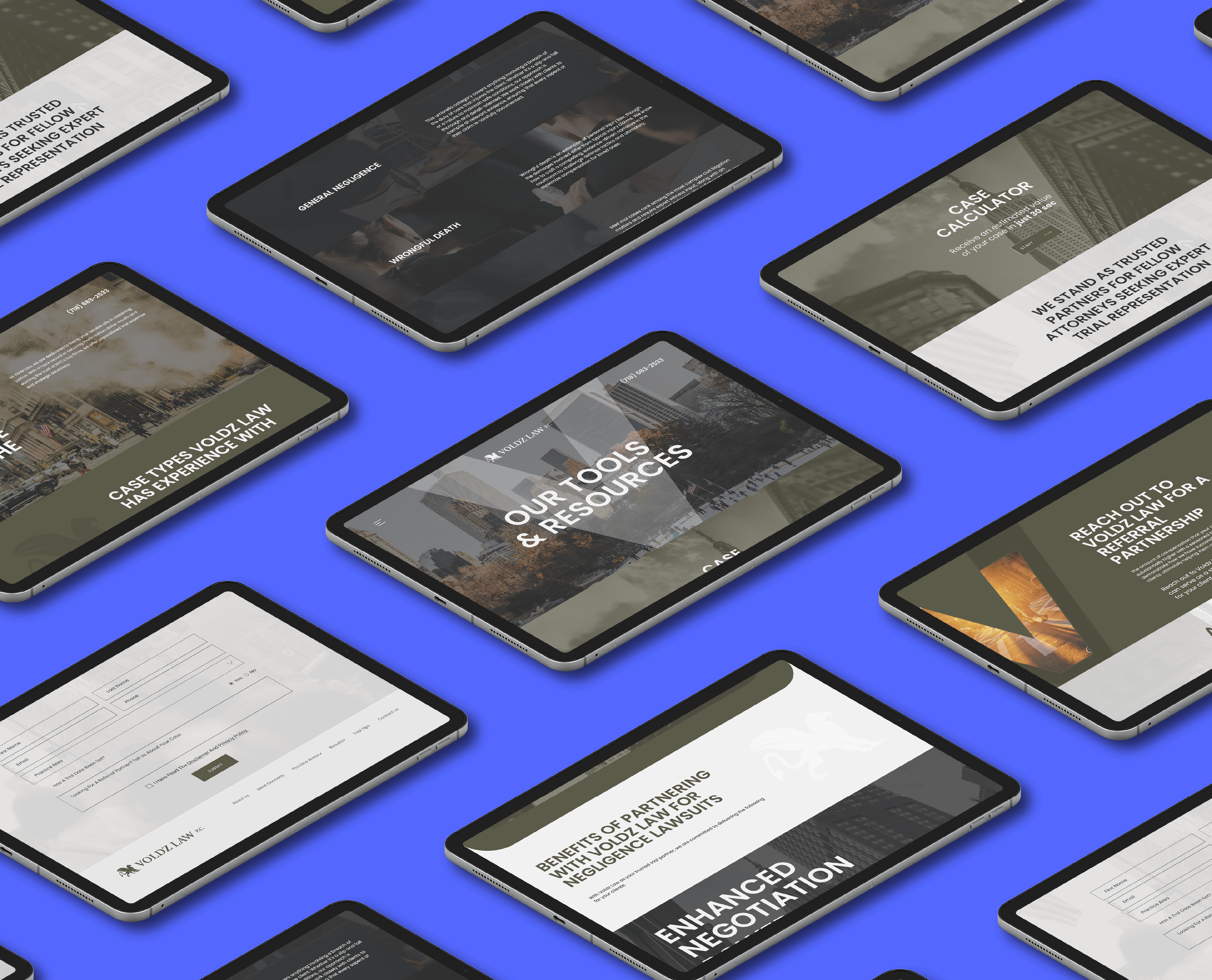 A grid of black tablets displaying various Voldz Law's webpages on a blue background. Each screen shows different textual content with an organized layout.