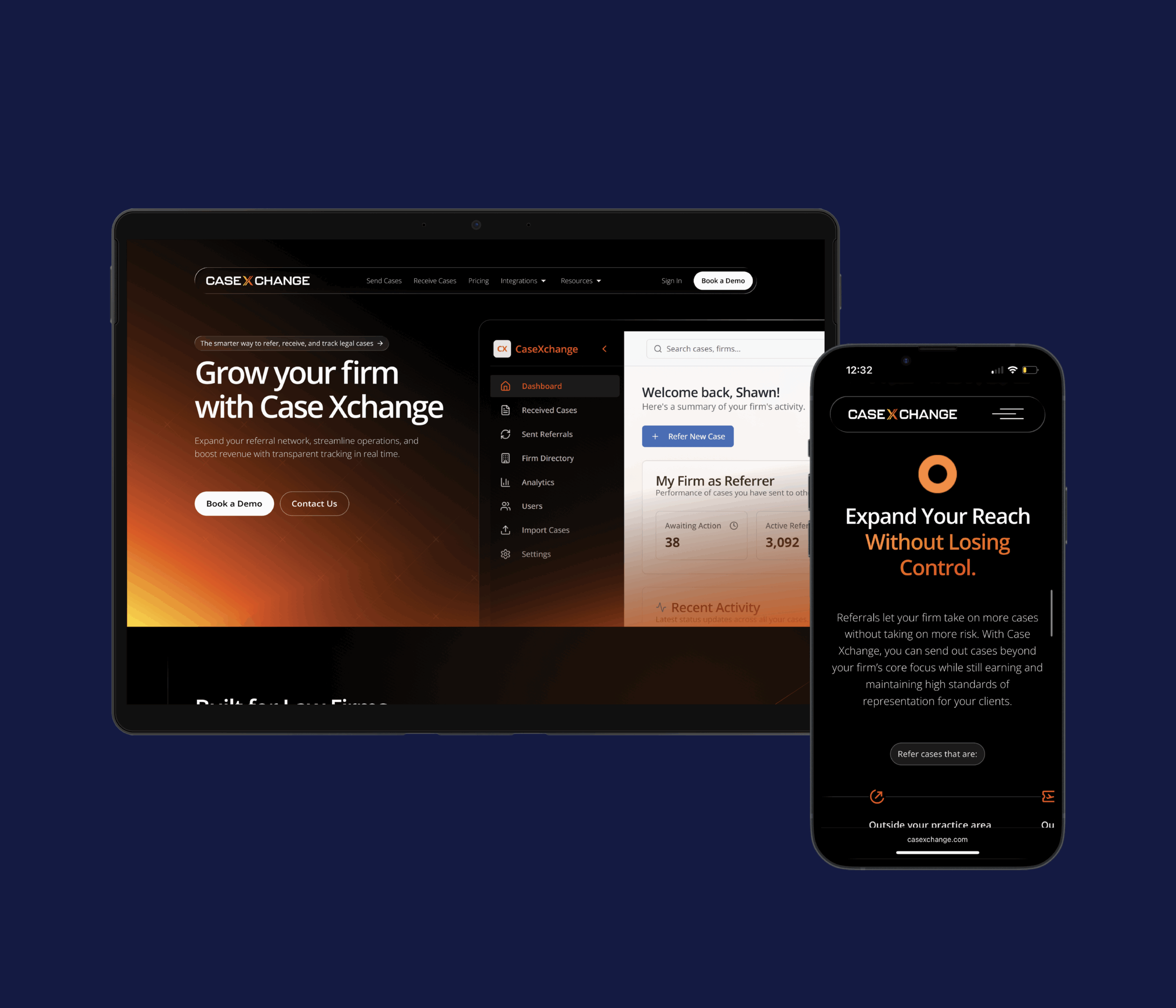 Tablet and smartphone displaying Case Xchange interface on a dark blue background. The tablet shows a dashboard with "Grow your firm" text, while the phone reads "Expand Your Reach." The tone is professional and sleek.