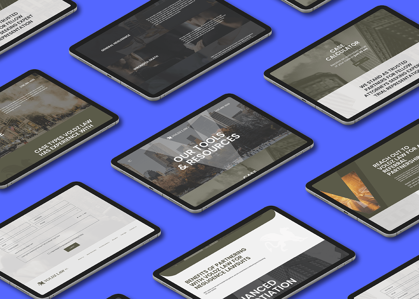 Tilted tablets display various business-themed interfaces on a blue background. Screens show tools, resources, negotiation benefits, and a case calculator for Voldz Law.