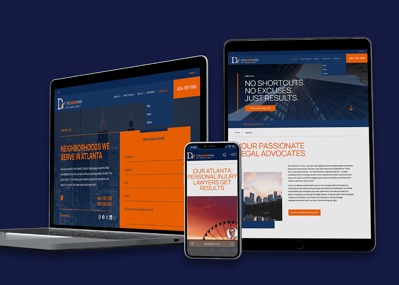 Digital devices display The Dixon Firm's website in blue and orange. Laptop, tablet, and phone screens show text: "No shortcuts. Just results." The tone is professional.