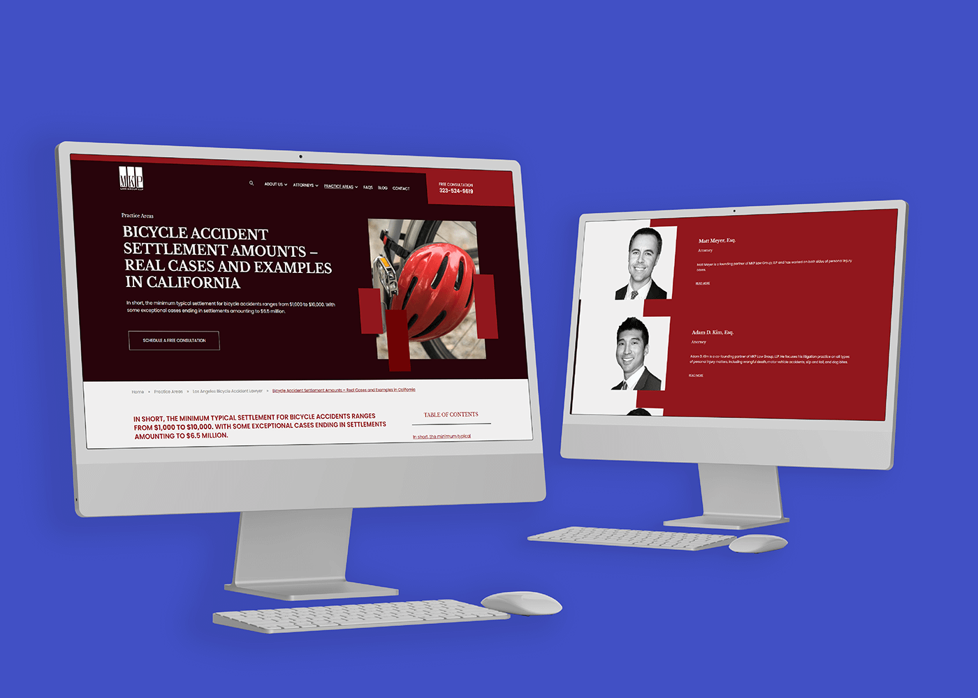 Two computer screens on a blue background display MKP Law Group, LLP's website. The left screen shows information about bicycle accident settlements. The right screen displays attorney profiles.