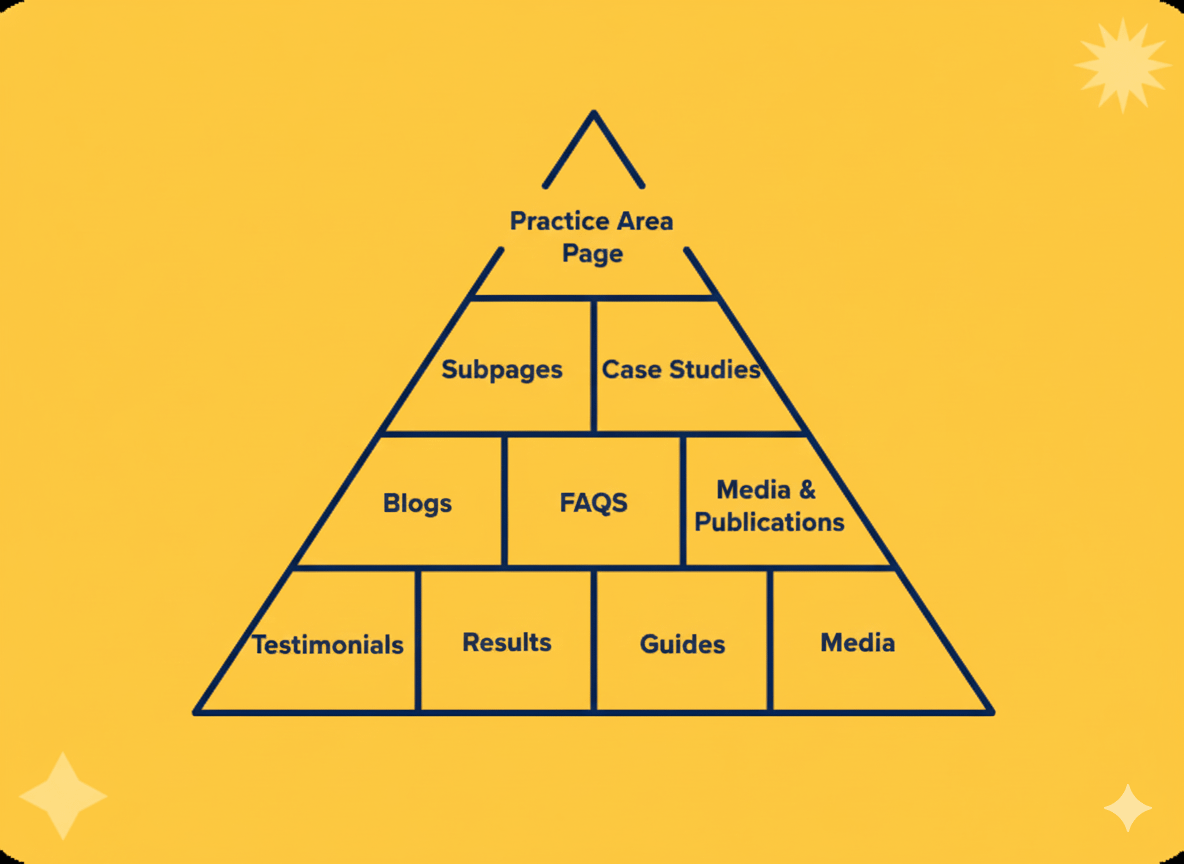 Infographic showing a pyramid-style content hierarchy with a “Practice Area Page” at the top, supported by subpages and case studies, followed by blogs, FAQs, and media and publications, and a foundation layer including testimonials, results, guides, and media content.
