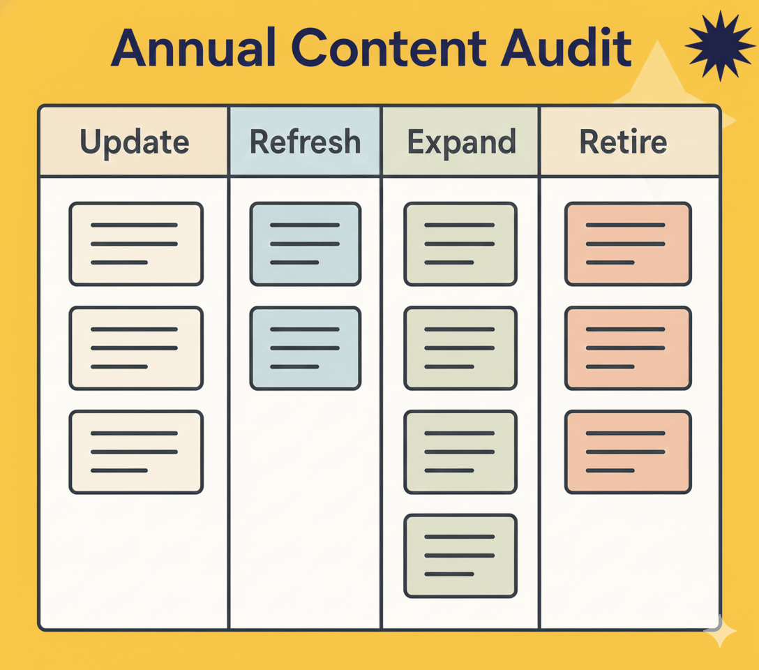 Illustration titled “Annual Content Audit” showing four columns labeled “Update,” “Refresh,” “Expand,” and “Retire,” each containing stacked content cards representing different actions taken during a yearly website content review process.