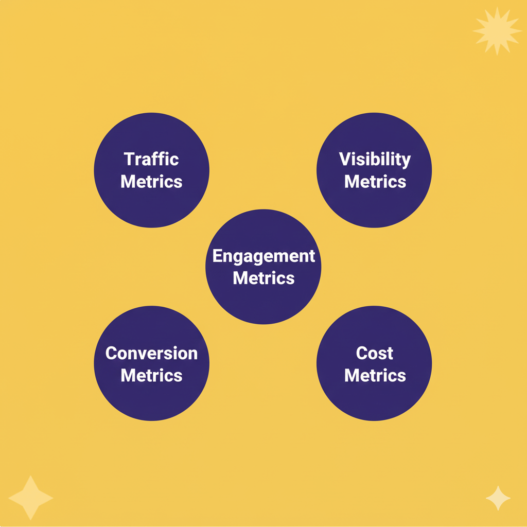 Infographic with five circular labels on a yellow background showing marketing measurement categories: Traffic Metrics, Visibility Metrics, Engagement Metrics, Conversion Metrics, and Cost Metrics.