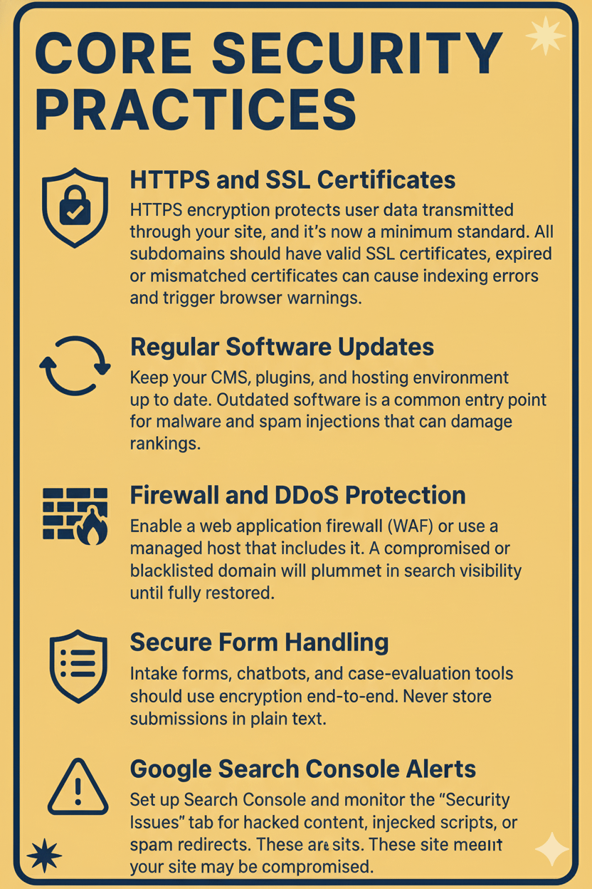 Infographic titled “Core Security Practices” outlining website security recommendations, including HTTPS and SSL certificates to protect transmitted data, regular software updates for CMS plugins and hosting environments, firewall and DDoS protection using a web application firewall, secure form handling with end-to-end encryption, and monitoring Google Search Console alerts for security issues such as hacked content or spam redirects.