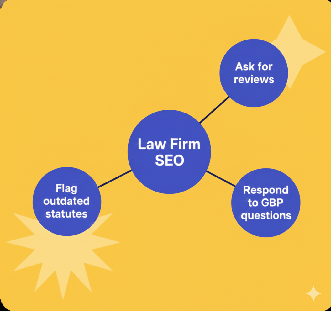 Diagram showing “Law Firm SEO” in a central circle connected to three surrounding actions labeled “Ask for reviews,” “Respond to GBP questions,” and “Flag outdated statutes,” illustrating key local SEO activities for law firms.