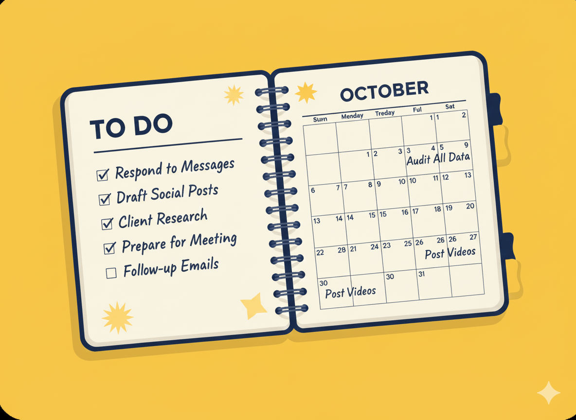 Open planner illustration with a “TO DO” list on the left page showing checked items including “Respond to Messages,” “Draft Social Posts,” “Client Research,” and “Prepare for Meeting,” with “Follow-up Emails” unchecked, and a monthly calendar on the right page labeled “October” showing scheduled notes such as “Audit All Data” and “Post Videos.”
