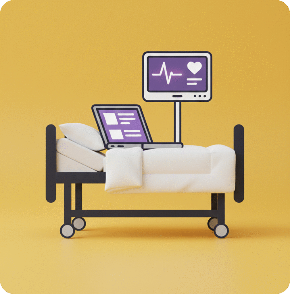 Illustration of a hospital bed with pillows and blanket, accompanied by medical monitoring screens displaying a heart rate line and patient information against a yellow background.