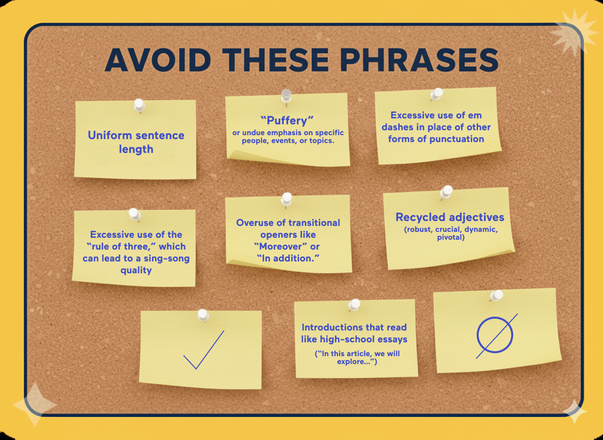 Graphic titled “Avoid These Phrases” displayed on a corkboard background with pinned sticky notes listing writing habits to avoid, including uniform sentence length, “puffery” or undue emphasis on specific people or topics, excessive use of em dashes instead of other punctuation, excessive use of the “rule of three,” overuse of transitional openers like “Moreover” or “In addition,” recycled adjectives such as robust, crucial, dynamic, or pivotal, and introductions that read like high-school essays such as “In this article, we will explore…”.