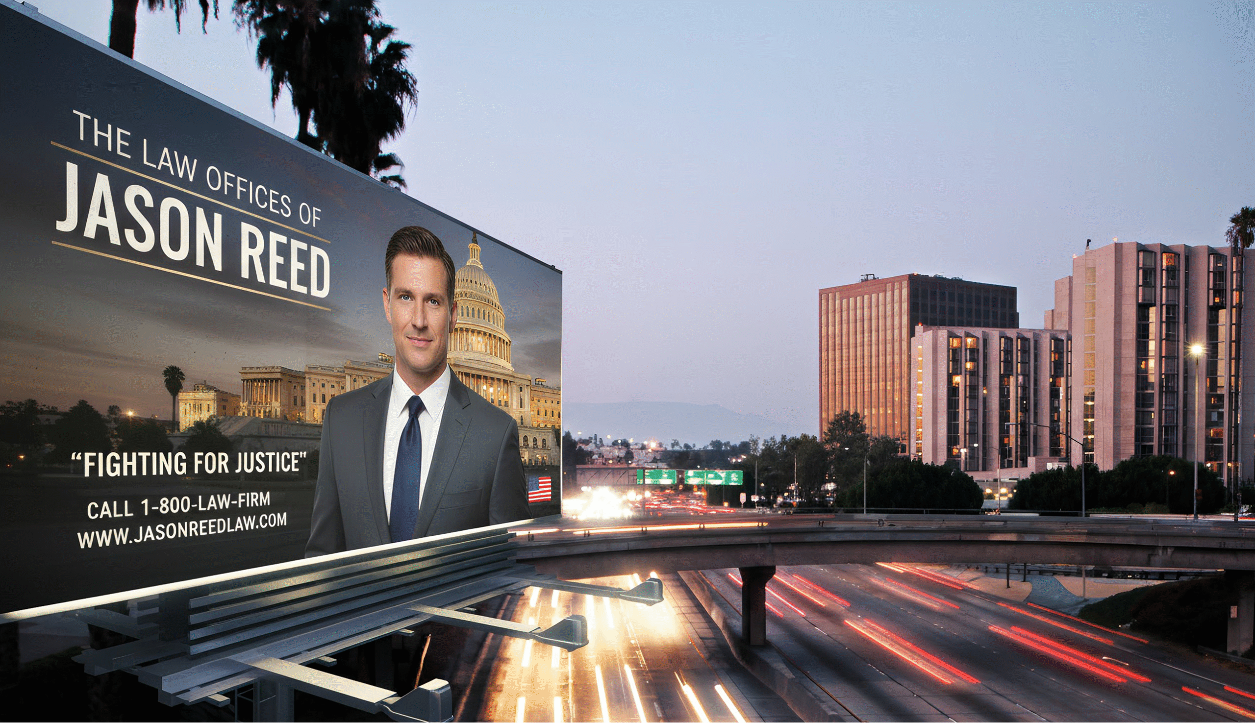 Jason Reed billboard featuring a promotional message and vibrant graphics, prominently displayed in an urban setting.