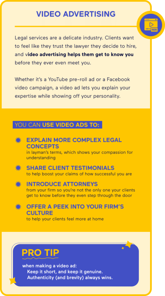 Flyer promoting video advertising services with eye-catching graphics and bold text highlighting key features.