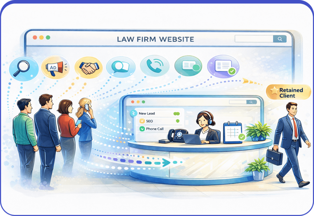 Illustration of law firm website performance connecting prospective clients with intake