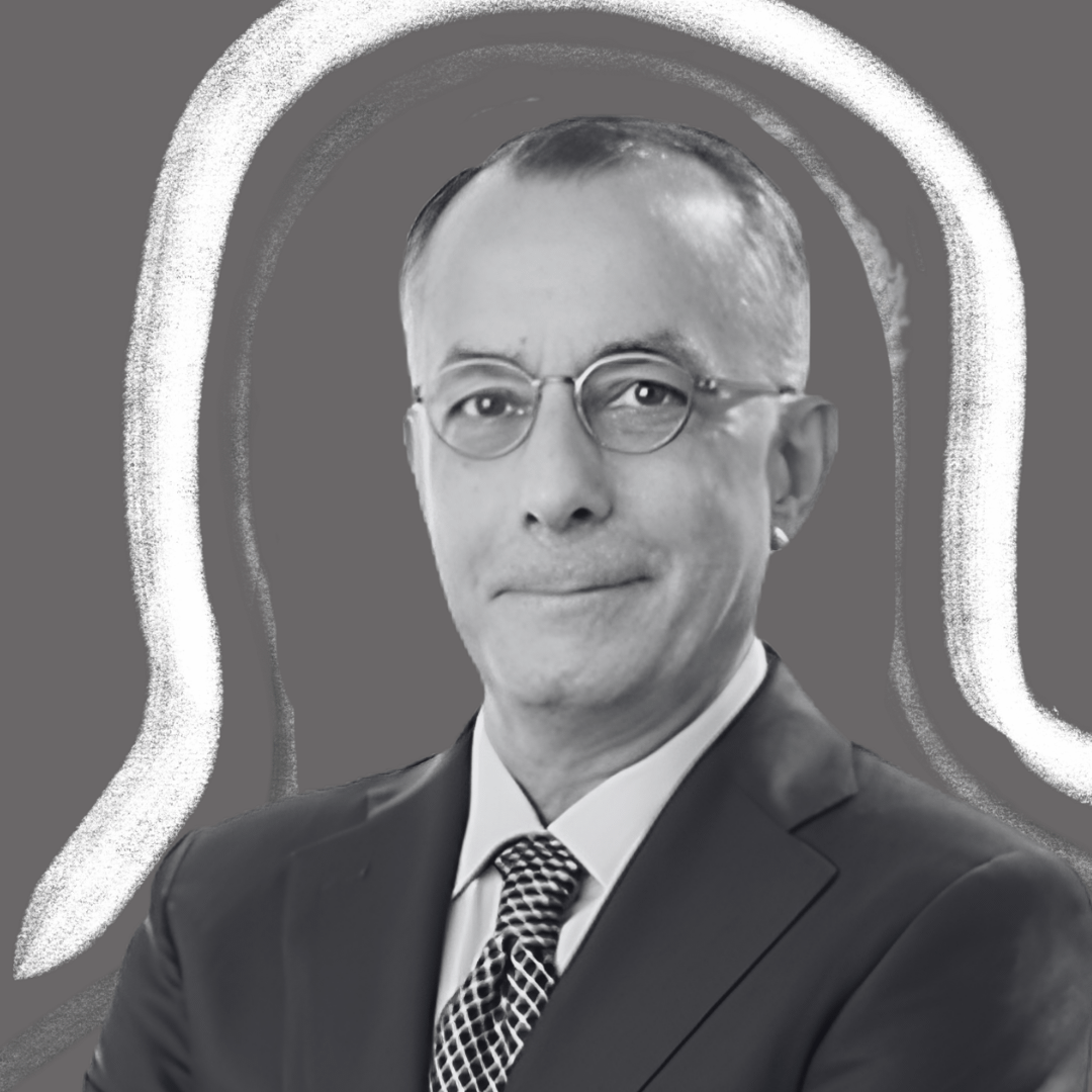 Black-and-white portrait of attorney Andy Bederman in a suit, framed by a hand-drawn white outline on a gray background.