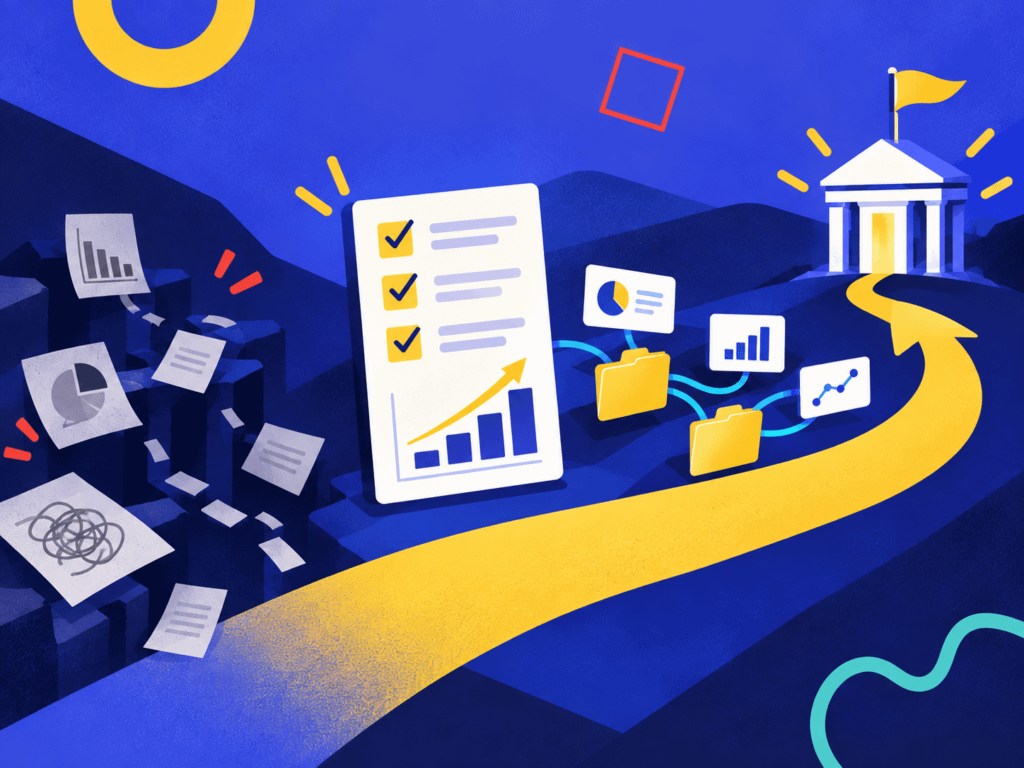 Illustration of a checklist, connected marketing data, and an upward path leading from a fragmented marketing setup toward a new agency.