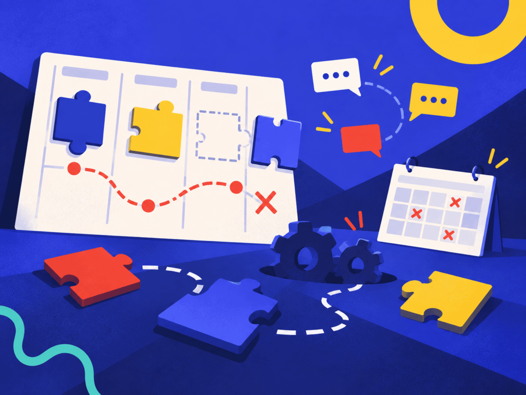 Illustration of a disconnected marketing plan with missing puzzle pieces, communication bubbles, stalled gears, and missed calendar milestones.