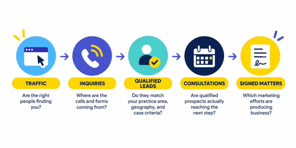 Law firm marketing reporting funnel from traffic and inquiries to qualified leads, consultations, and signed matters.