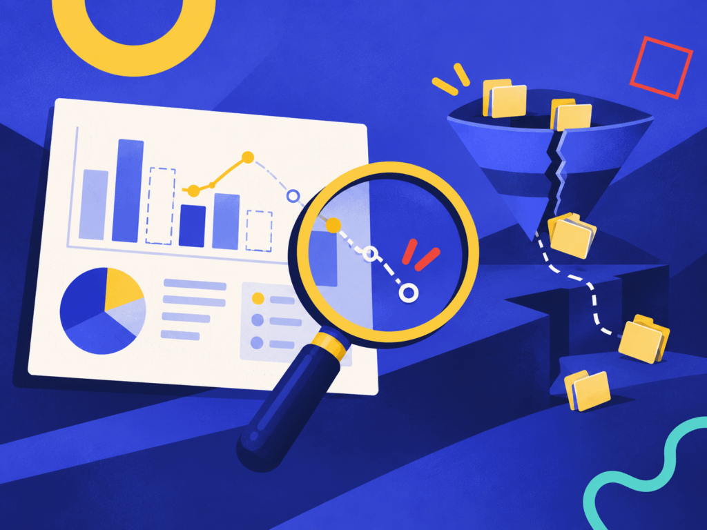 Illustration of a law firm marketing dashboard with missing data, a magnifying glass highlighting performance gaps, and case folders falling through a broken funnel.