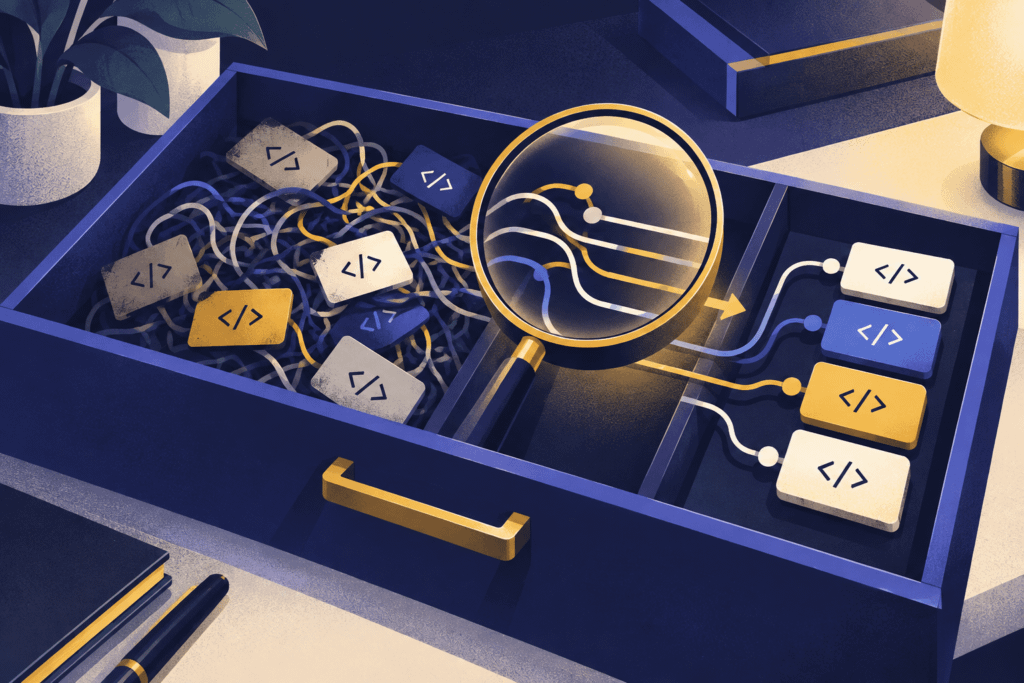 Illustration of website tracking tags being examined and organized during an audit.